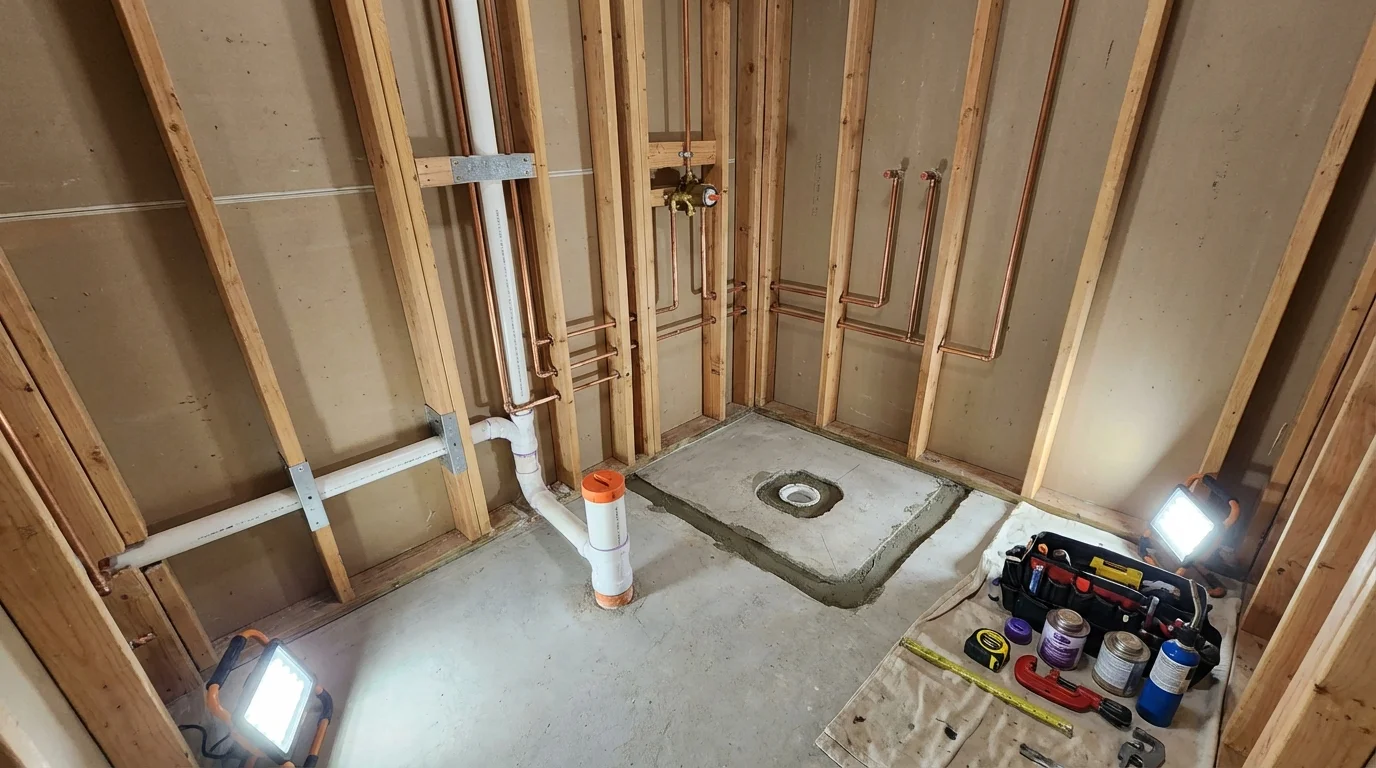 Bathroom rough-in plumbing during remodel by Johns Plumbing LLC in Port Gibson