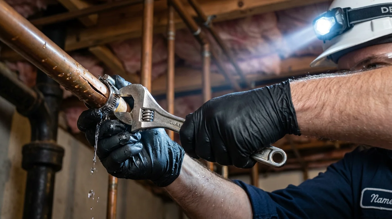 Emergency pipe clamp repair being performed by a Johns Plumbing LLC plumber in Port Gibson