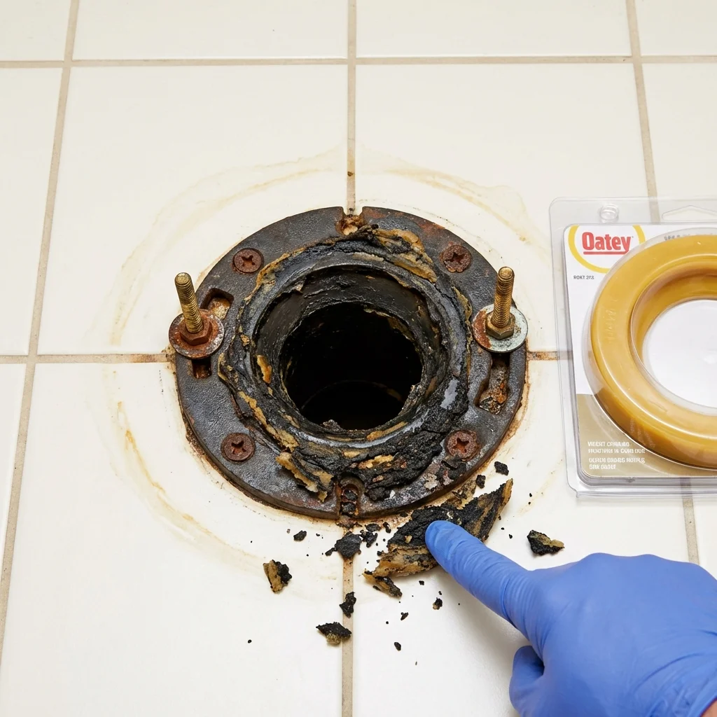 Failed wax ring showing water seepage at the base of a toilet in a Port Gibson, MS home