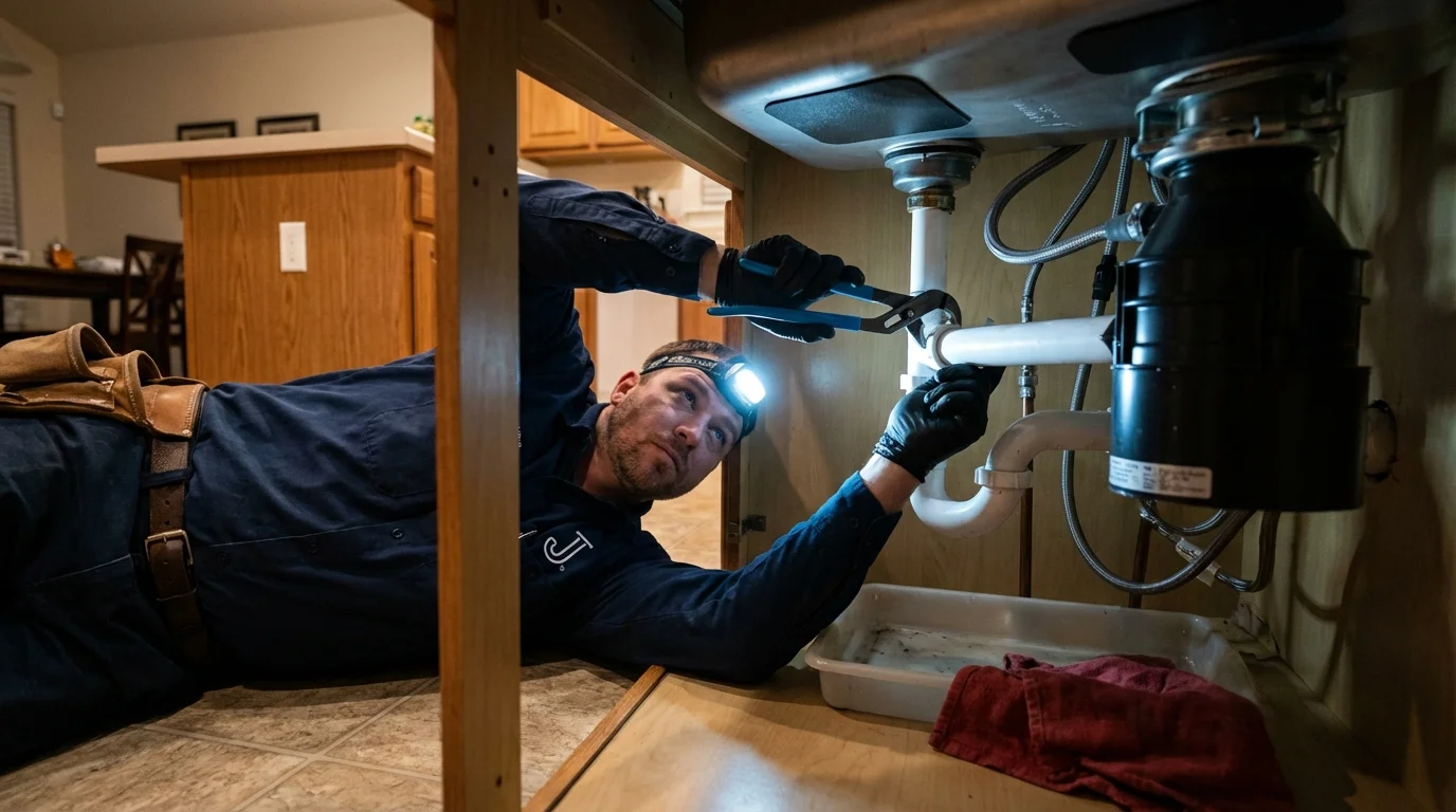 P-trap and supply line connections under a kitchen sink showing a common leak point in Port Gibson, MS
